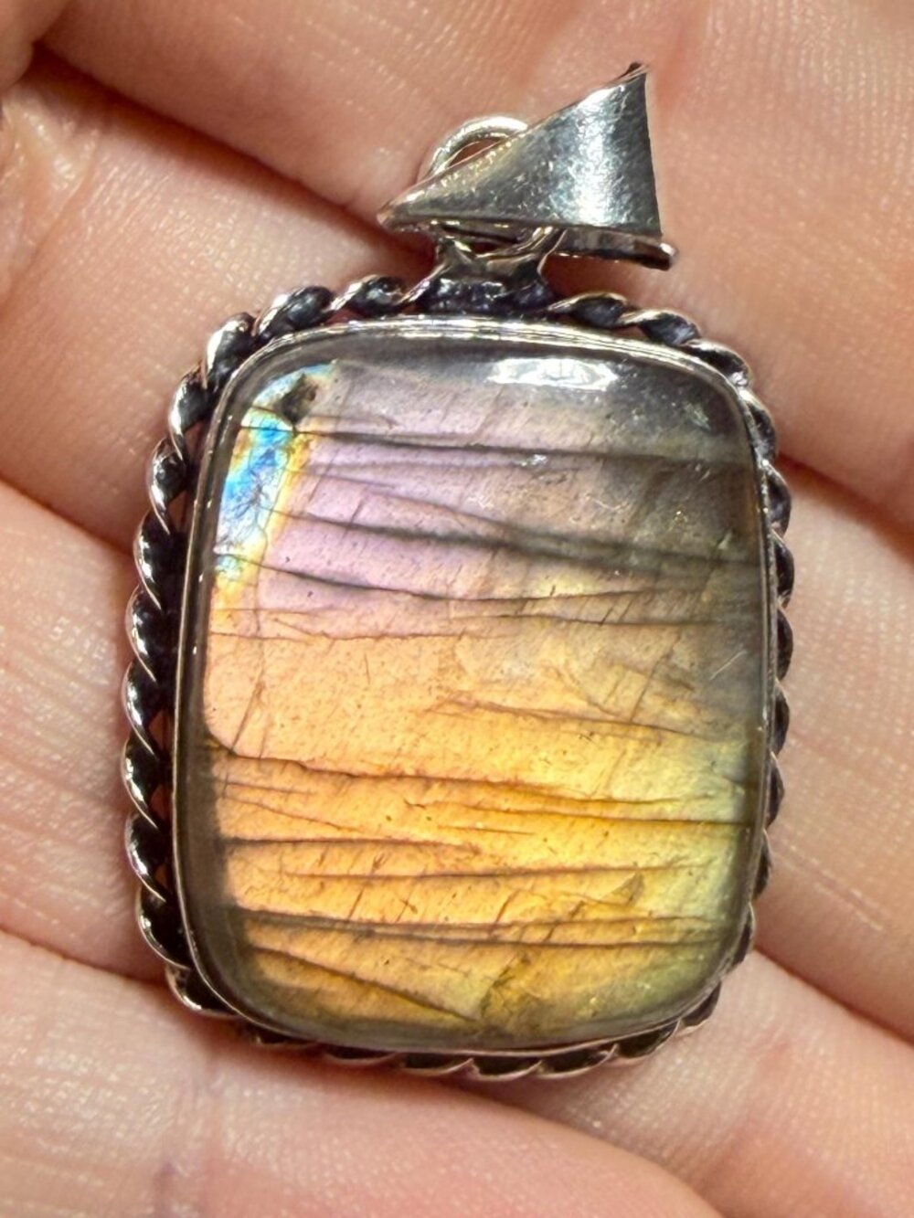 Labradorite Pendant | Purple Gold Flash | Rectangle | 925 Stamped | 1.75 Inches